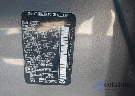 2021 Infiniti Qx50 Luxe Awd z USA, uszkodzony, nr VIN 3PCAJ5BB2MF113971